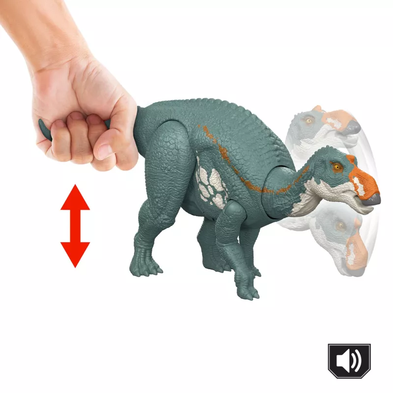 MATTEL Jurassic World Rebirth Wild Roar Maiasaura dinozauras, valdomas uodegos judesiu, atakos garsas