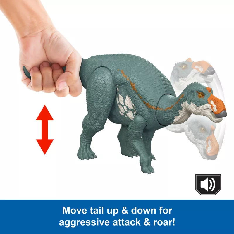 MATTEL Jurassic World Rebirth Wild Roar Maiasaura dinozauras, valdomas uodegos judesiu, atakos garsas
