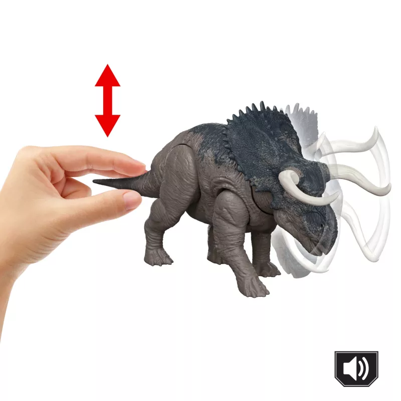 Jurassic World Rebirth laukinis riaumojantis Nasutoceratops dinozaurų žaislas, valdomas uodegos ataka ir garsas