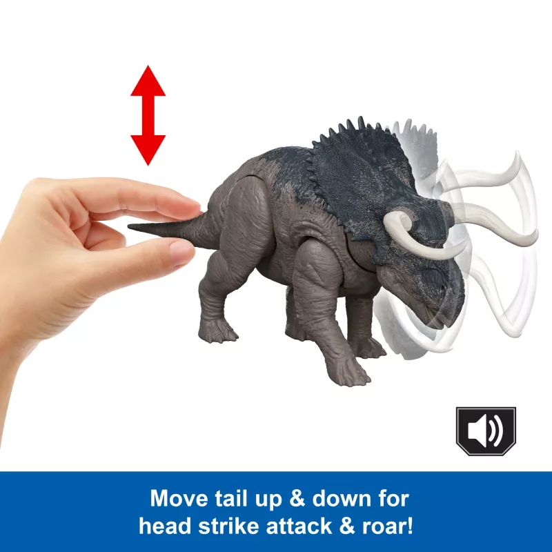 Jurassic World Rebirth laukinis riaumojantis Nasutoceratops dinozaurų žaislas, valdomas uodegos ataka ir garsas