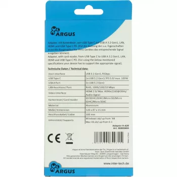 USB-C kelių prievadų stotelė INTER-TECH H-428 — USB 3.2 Gen 1 Type-C pagrindinis, HDMI, USB-A, SD/MicroSD, Gigabit Ethernet, 5000 Mbit/s