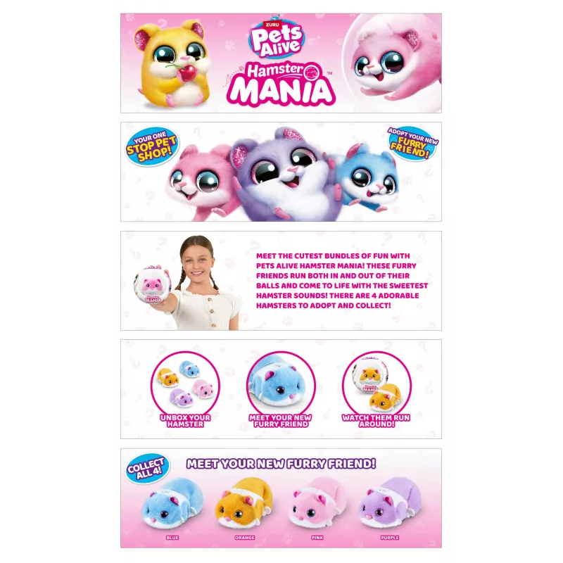 Interaktyvus žaislinis žiurkėnas Zuru Pets Alive Hamster Mania – baterijomis varomas žaislas, nuo 3 metų