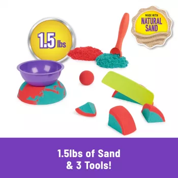 Vaikų kinetinio smėlio rinkinys Spinmaster Mold n’ Flow 1,5 svaro raudona ir žalsvai mėlyna su 3 įrankiais (nuo 3 metų)
