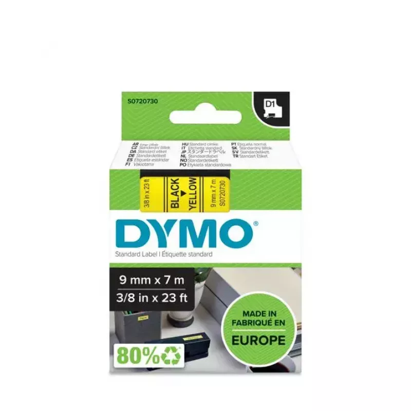 DYMO D1 etiketės juostelė | Juodas šriftas ant geltonos juostos | 9 mm x 7 m | Lipnios etiketės LabelManager etikečių spausdintuvams | Pagaminta Europoje