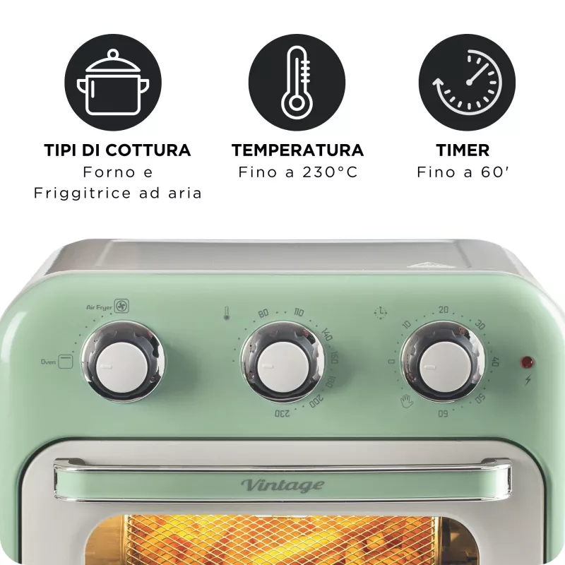 Ariete 4632 Oro gruzdintuvė ir orkaitė Vintage, 1400W, 2in1, Talpa 16L, Priedai, Laikmatis 60 min., Dvigubas stiklas, Žalia