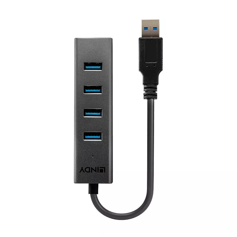 Lindy 43324 USB 3.0 šakotuvas 4 prievadų, USB 3.2 Gen 1 Type-A, 5 Gbit/s, su integruotu laidu, aliuminis/plastikas, juodas