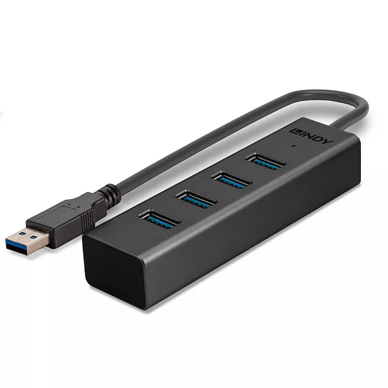 Lindy 43324 USB 3.0 šakotuvas 4 prievadų, USB 3.2 Gen 1 Type-A, 5 Gbit/s, su integruotu laidu, aliuminis/plastikas, juodas