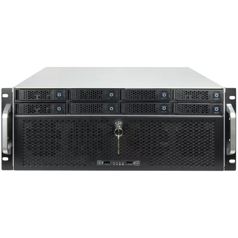Server Rack Korpusas INTER-TECH IPC 4U-4708 — 4U, Juodas, ATX/PS2 maitinimo šaltiniui, 4x priekiniai 80mm, 2x galiniai 80mm, 2.5/3.5 colio HDD