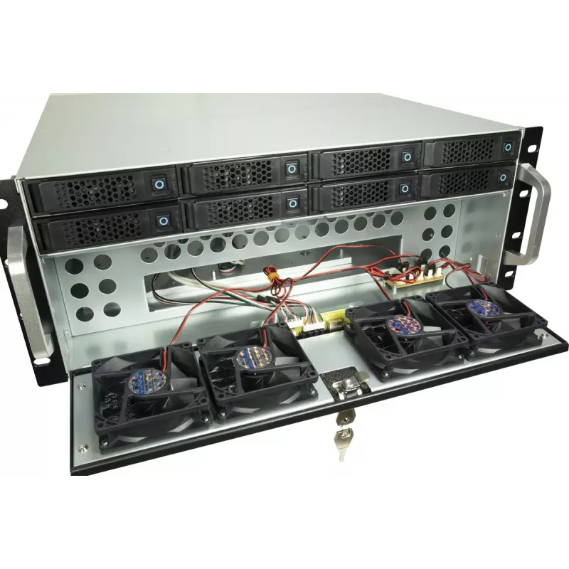 Server Rack Korpusas INTER-TECH IPC 4U-4708 — 4U, Juodas, ATX/PS2 maitinimo šaltiniui, 4x priekiniai 80mm, 2x galiniai 80mm, 2.5/3.5 colio HDD