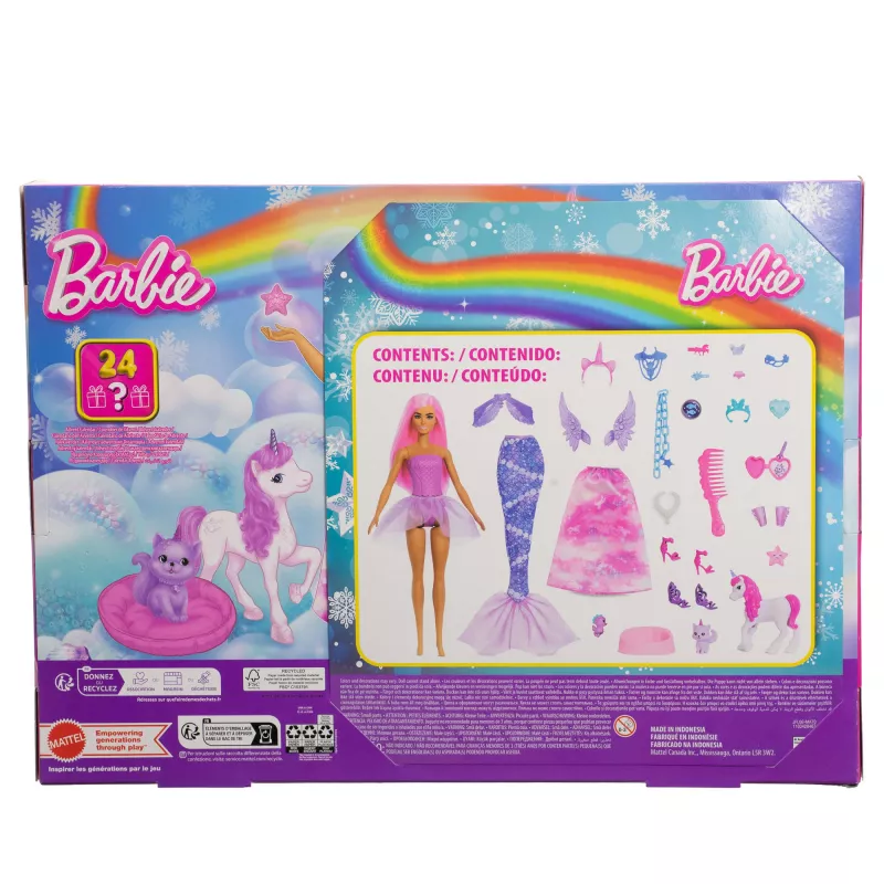 Barbie Advent Calendar su lėle ir 24 staigmenų aksesuarais, įskaitant vienaragį ir augintinius
