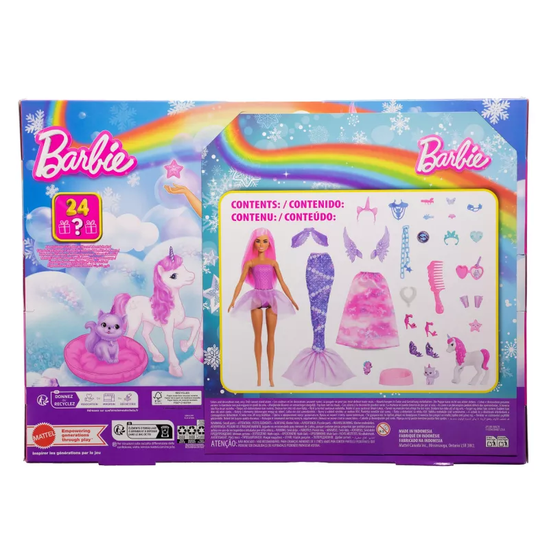 Barbie Advent Calendar su lėle ir 24 staigmenų aksesuarais, įskaitant vienaragį ir augintinius