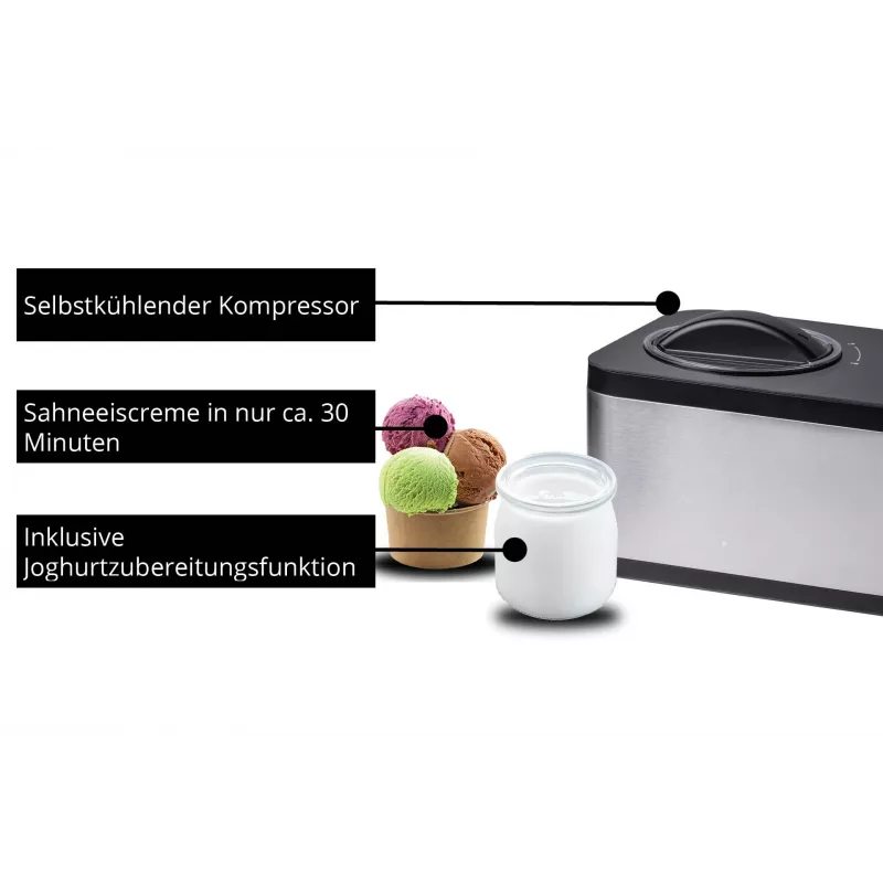 Unold 48826 EVA ledų ir jogurto gaminimo aparatas su kompresoriumi, 1,5 l, 120 W, juodas, nerūdijantis plienas