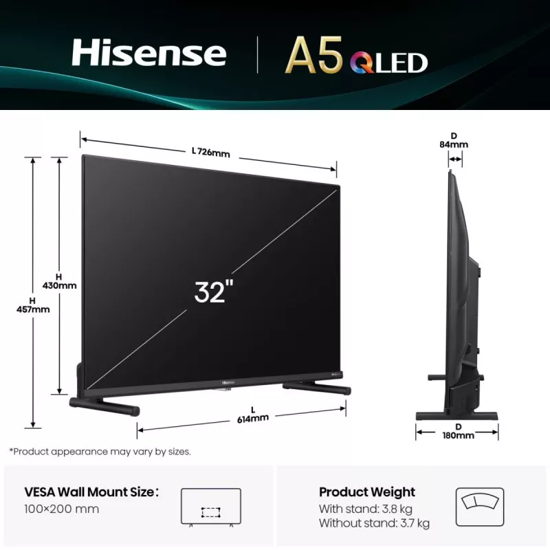 Hisense 32A5Q 81.3 cm (32 coliai) Full HD QLED Smart TV Wi-Fi Juoda