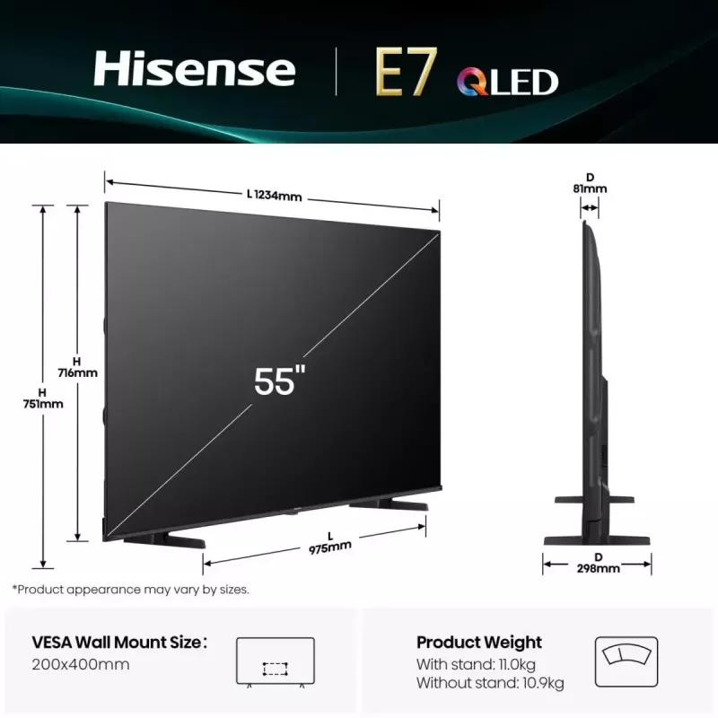 QLED televizorius Hisense 55E77Q 139,7 cm (55 colių) 4K Ultra HD Smart TV Wi-Fi juodas