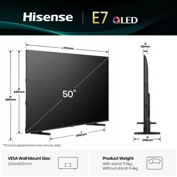 Hisense 50E77Q 127 cm (50 colių) 4K Ultra HD QLED išmanusis televizorius, Wi-Fi, juodas