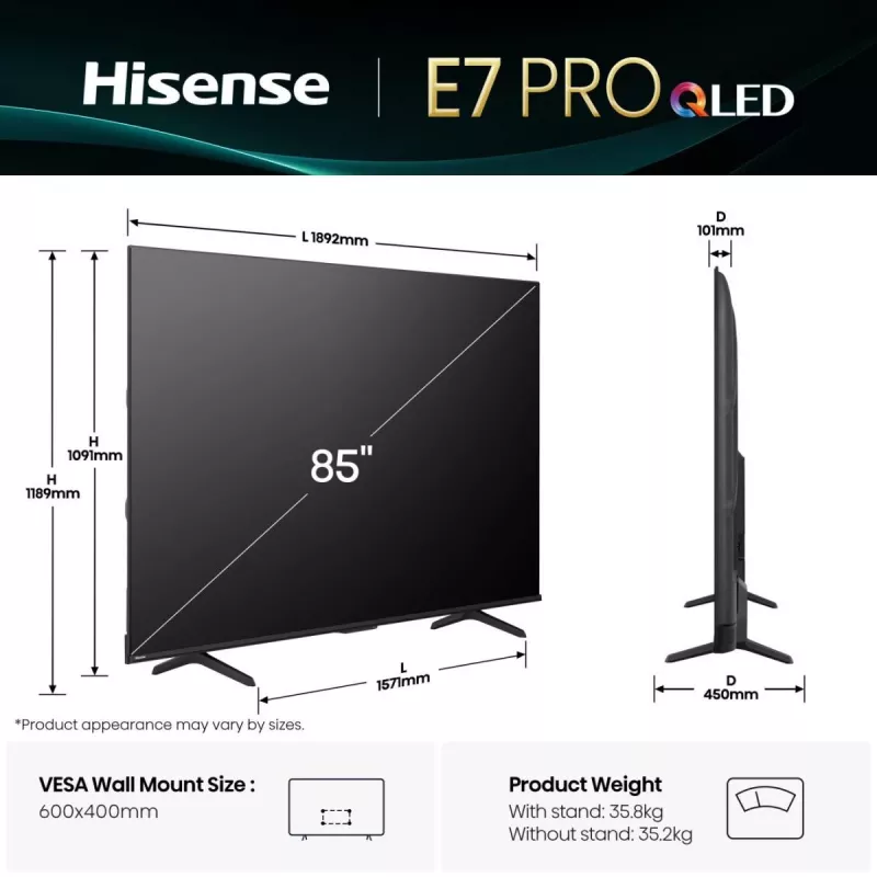 Hisense 85E77Q PRO 2.16 m (85 coliai) 4K Ultra HD išmanusis televizorius QLED Wi-Fi juodas