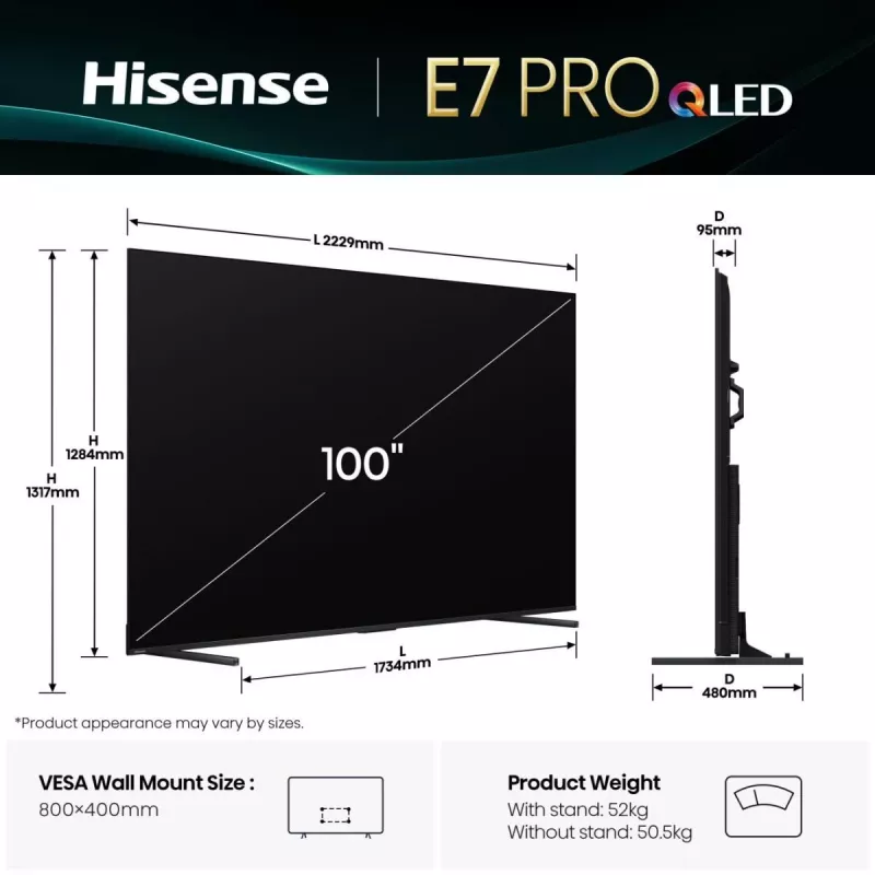 Hisense 100E7Q PRO 2.54 m (100 colių) 4K Ultra HD QLED išmanusis televizorius, Wi-Fi, juodas