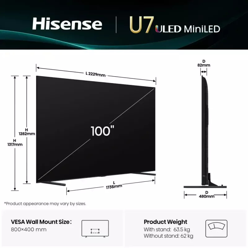 Hisense 100U7Q 2,54 m (100 col.) 4K Ultra HD išmanusis televizorius su Wi-Fi, juodas