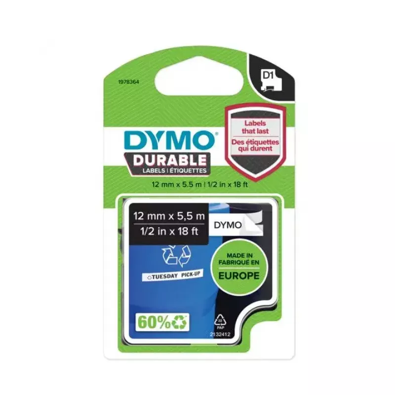DYMO D1 Durable lipdukų juosta | Juodas spaudinys ant baltos juostos | 12 mm x 5,5 m | Patvari vinilo juosta LabelManager etikečių spausdintuvams