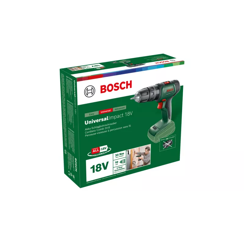 Bosch Universal Impact 18V 1450 RPM Belaidis gręžtuvas-suktuvas su 1,3 kg svoriu, juodos, žalios, raudonos spalvos