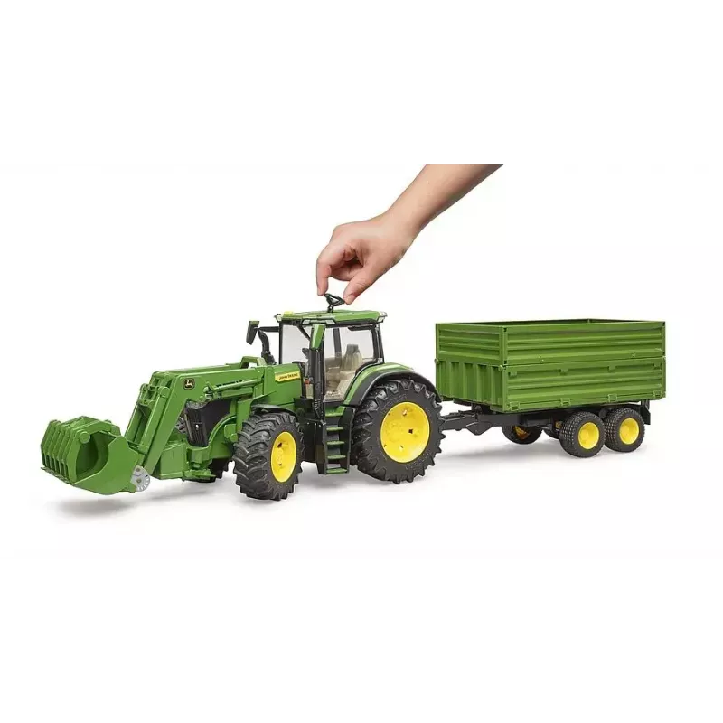 Traktorius BRUDER John Deere 7R 350 su priekiniu krautuvu ir dviejų ašių savivarčiu priekaba, plastmasinis, nuo 3 m.