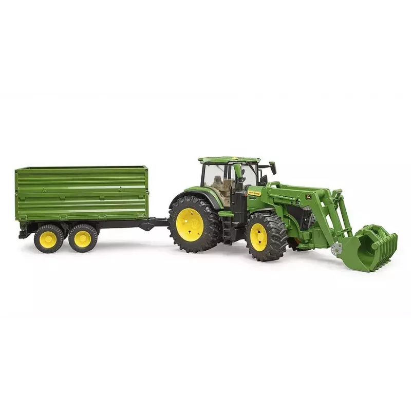 Traktorius BRUDER John Deere 7R 350 su priekiniu krautuvu ir dviejų ašių savivarčiu priekaba, plastmasinis, nuo 3 m.