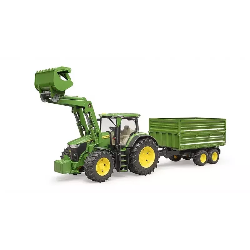 Traktorius BRUDER John Deere 7R 350 su priekiniu krautuvu ir dviejų ašių savivarčiu priekaba, plastmasinis, nuo 3 m.