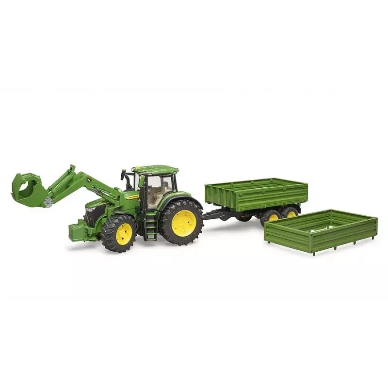 Traktorius BRUDER John Deere 7R 350 su priekiniu krautuvu ir dviejų ašių savivarčiu priekaba, plastmasinis, nuo 3 m.