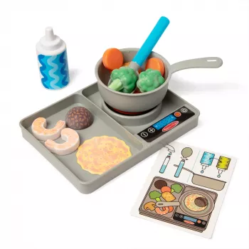 Melissa & Doug Simmer & Stir Stovetop Play Set su Water WOW! spalvą keičiančiu maistu – žaislinė viryklė su puodu ir keptuve
