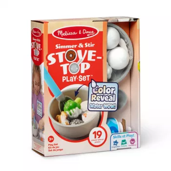 Melissa & Doug Simmer & Stir Stovetop Play Set su Water WOW! spalvą keičiančiu maistu – žaislinė viryklė su puodu ir keptuve