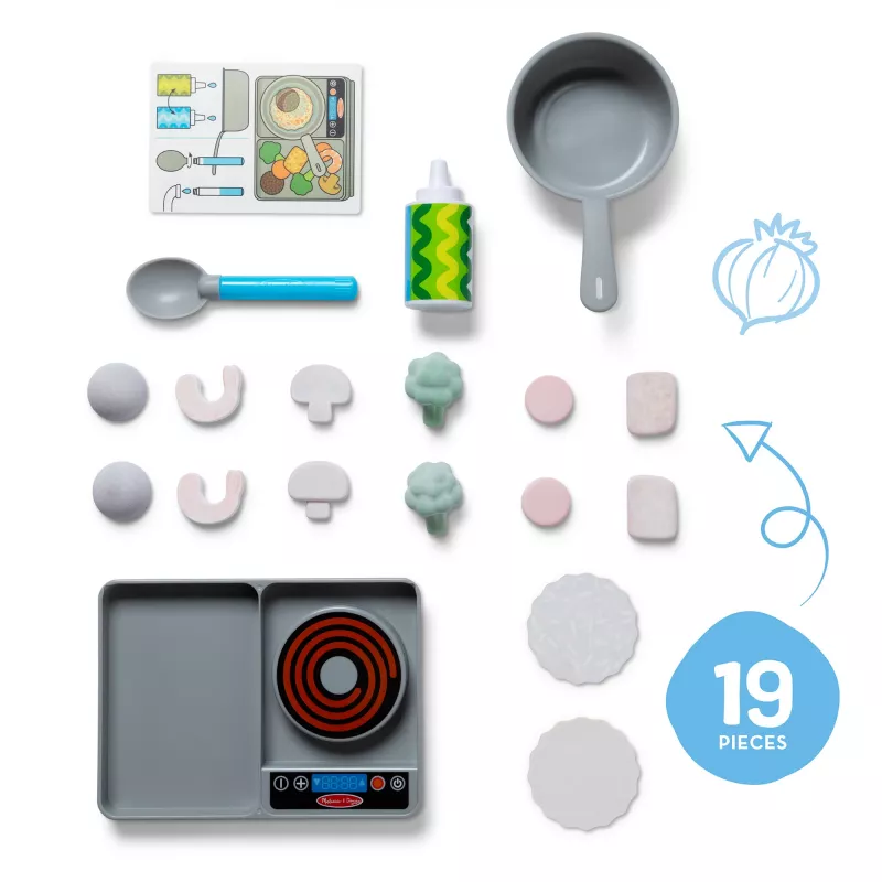 Melissa & Doug Simmer & Stir Stovetop Play Set su Water WOW! spalvą keičiančiu maistu – žaislinė viryklė su puodu ir keptuve