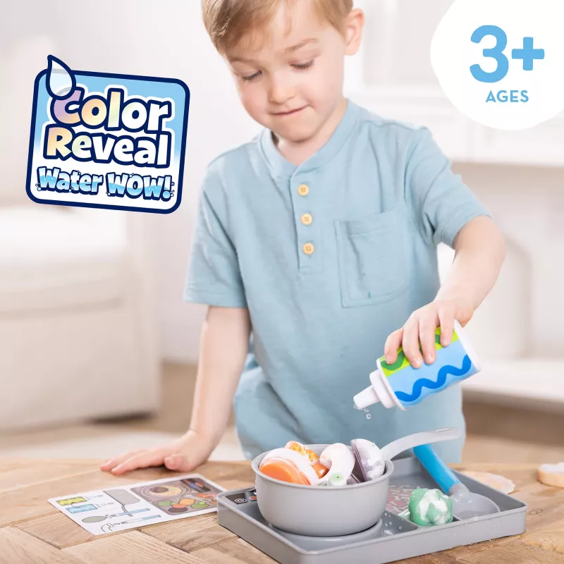 Melissa & Doug Simmer & Stir Stovetop Play Set su Water WOW! spalvą keičiančiu maistu – žaislinė viryklė su puodu ir keptuve