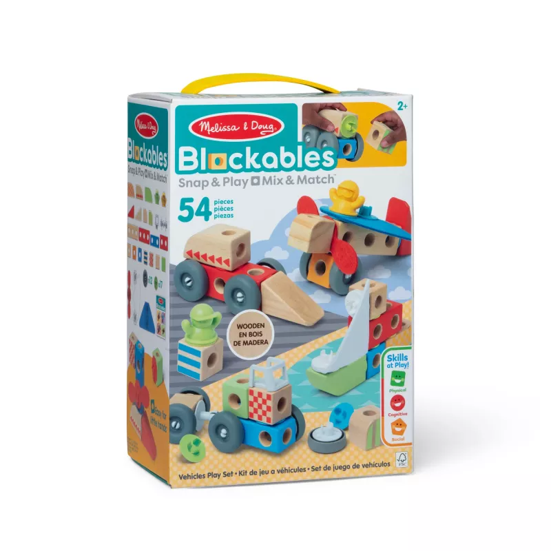 Medinis snap-in-play transporto priemonių konstravimo rinkinys Melissa & Doug Blockables, 54 dalių, sujungiamas, FSC sertifikuotas