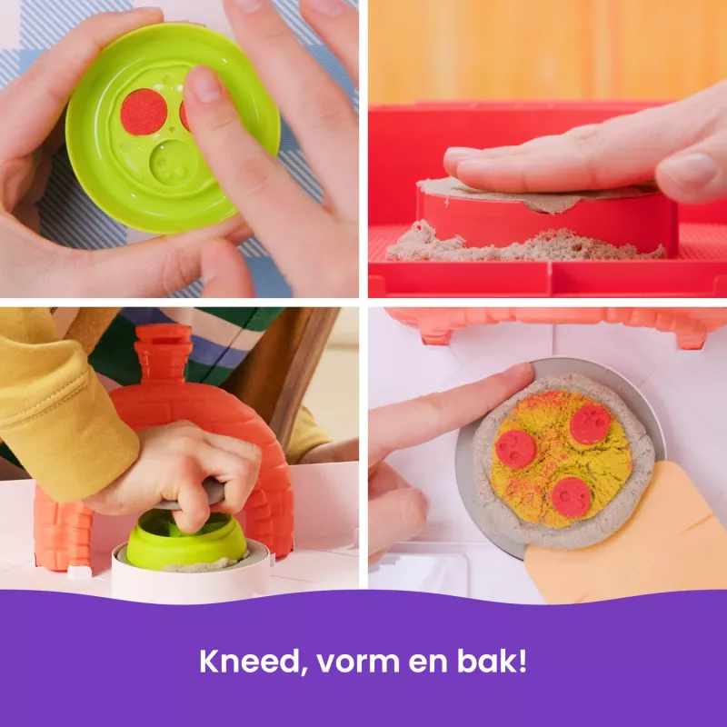 Kinetic Sand SquishPizza kylanti picos krosnelė, kūrybinis rinkinys, 1 svaras smėlio, 5 įrankiai, vaikų žaislas