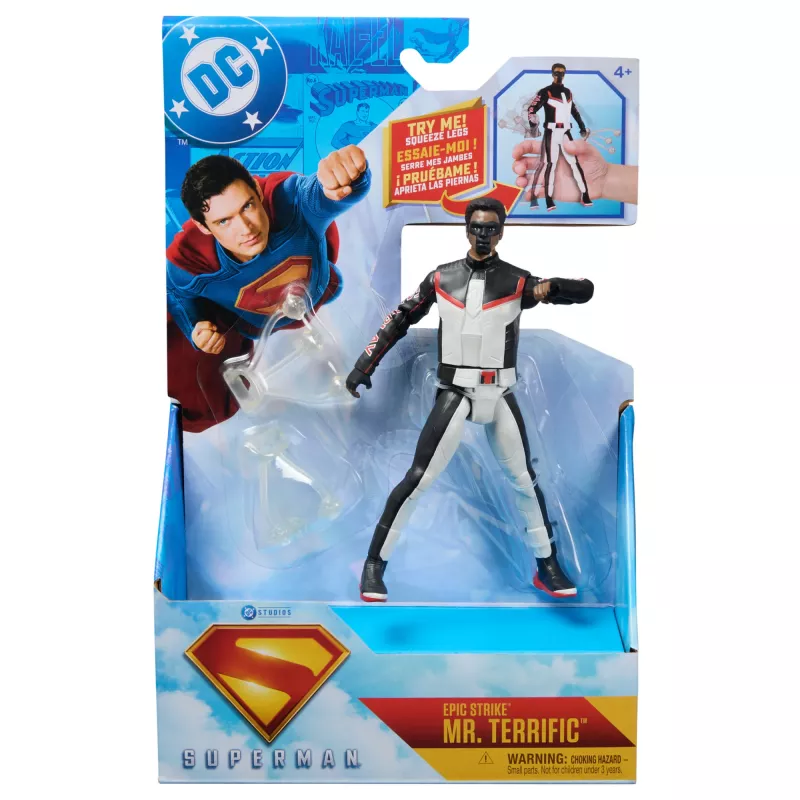 DC Comics SUPERMAN Mr. Terrific Epic Strike veiksmo figūrėlė, 15 cm, autentiškas filmo stilius, 2 aksesuarai, vaikams nuo 4 metų