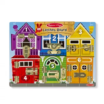 Melissa & Doug MDT MSK Latches Board Display GML – medinė lavinamoji lenta su skląsčiais, 3 m., įvairiaspalvė