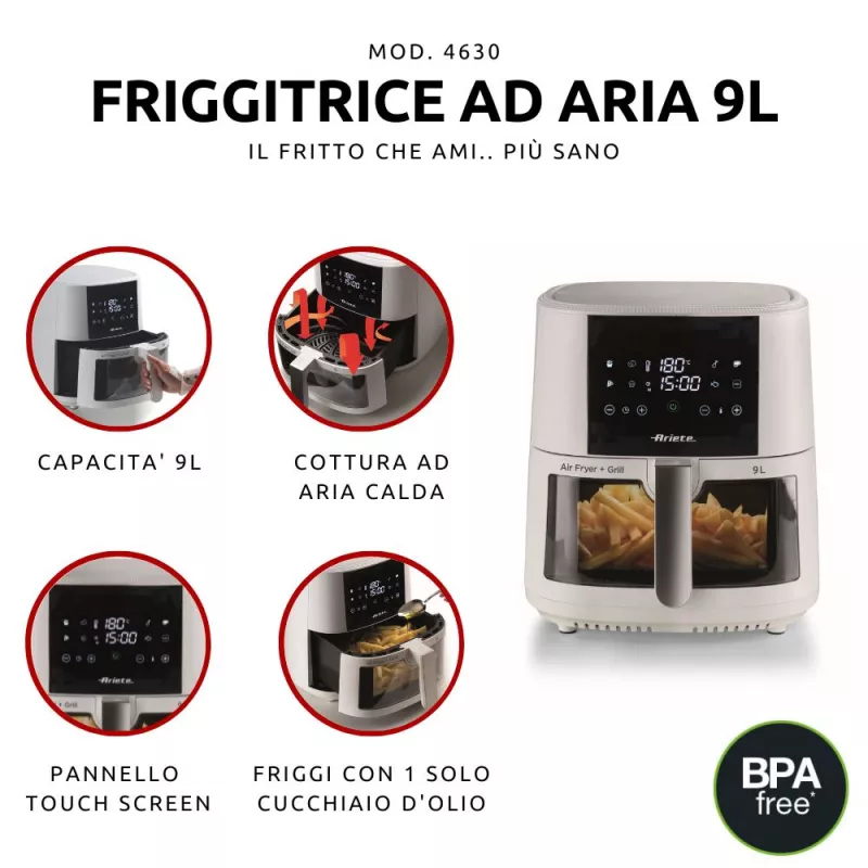Ariete 4630 Oro gruzdintuvė 9L, 1300W, talpa 9L, kepimo talpa 2.5kg, 8 išankstinių programų, temperatūra iki 200°, permatomas krepšelis, balta