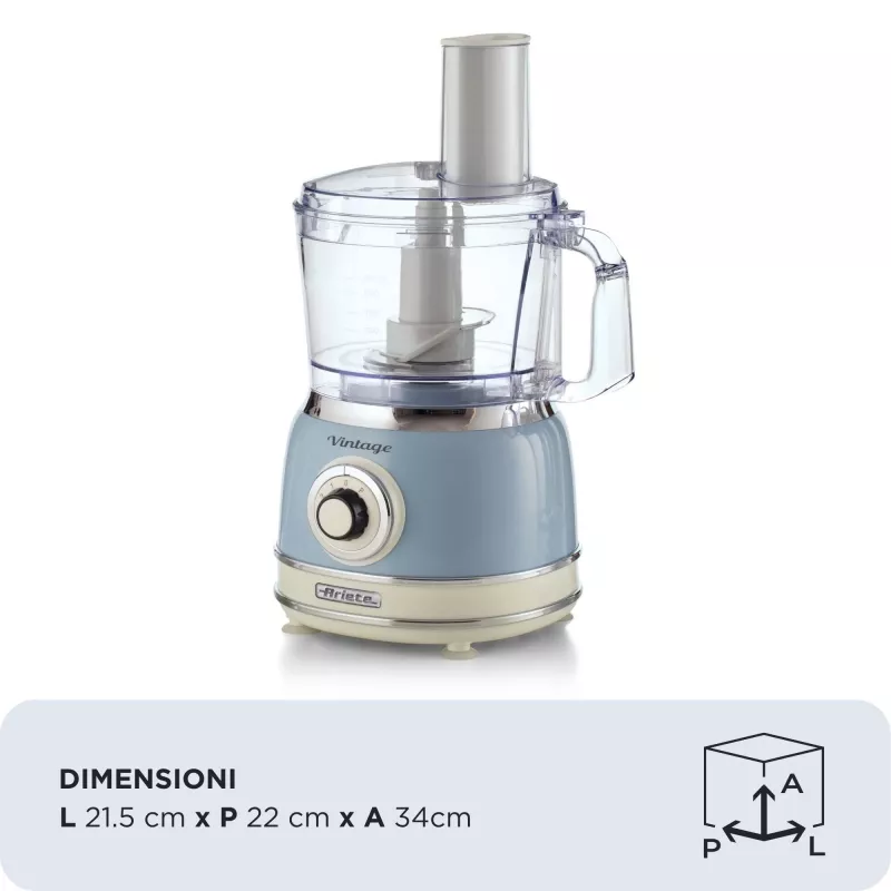 Virtuvinis kombainas ARIETE Vintage Line 1781/05 — 1000 W, 2,1 L dubuo, sukamoji valdymo rankenėlė, nerūdijančio plieno peilis, mėlyna