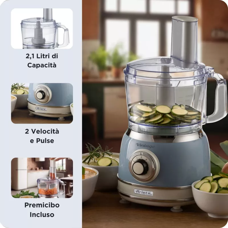 Virtuvinis kombainas ARIETE Vintage Line 1781/05 — 1000 W, 2,1 L dubuo, sukamoji valdymo rankenėlė, nerūdijančio plieno peilis, mėlyna