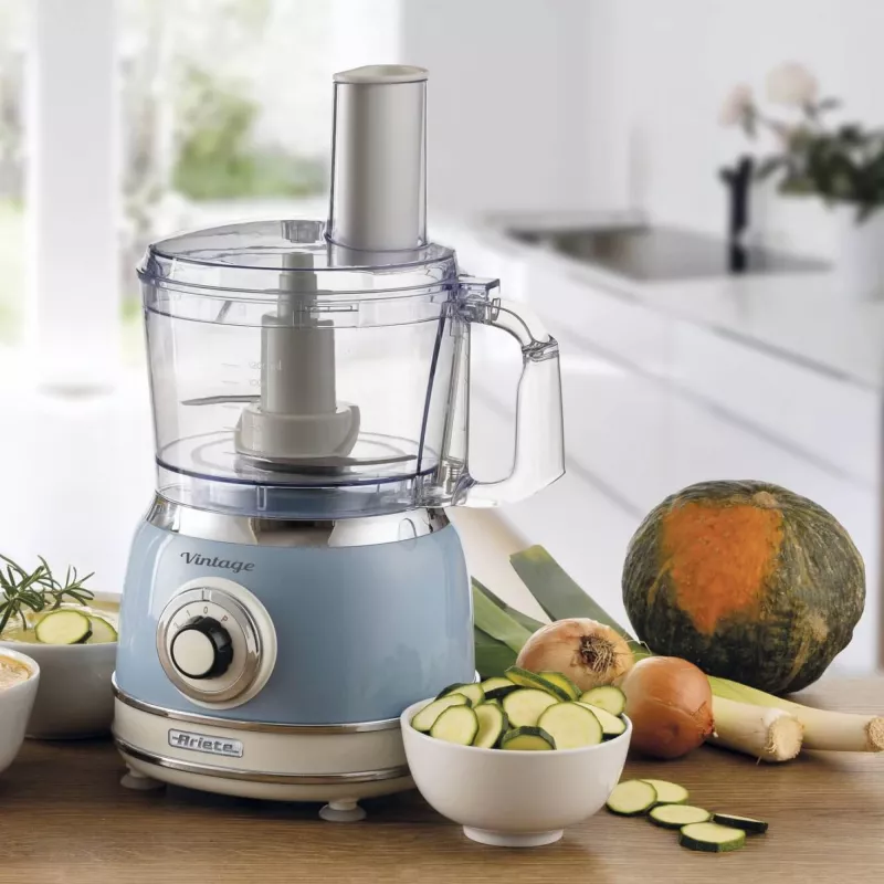 Virtuvinis kombainas ARIETE Vintage Line 1781/05 — 1000 W, 2,1 L dubuo, sukamoji valdymo rankenėlė, nerūdijančio plieno peilis, mėlyna