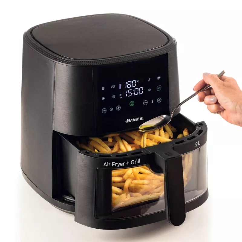 Ariete 4630 Oro gruzdintuvė 9L, 1300W, talpa 9L, gaminimo talpa 2.5kg, 8 išankstinių programų, temperatūra iki 200°, permatomas krepšelis, juoda