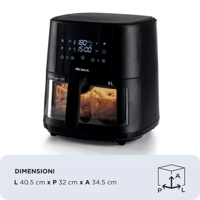 Ariete 4630 Oro gruzdintuvė 9L, 1300W, talpa 9L, gaminimo talpa 2.5kg, 8 išankstinių programų, temperatūra iki 200°, permatomas krepšelis, juoda