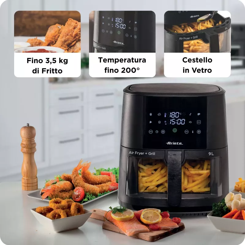 Ariete 4630 Oro gruzdintuvė 9L, 1300W, talpa 9L, gaminimo talpa 2.5kg, 8 išankstinių programų, temperatūra iki 200°, permatomas krepšelis, juoda