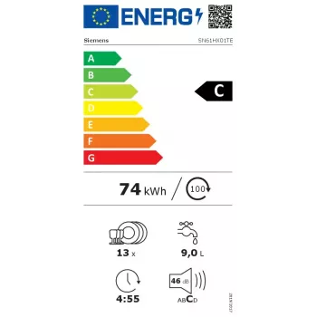 Indaplovė Siemens iQ100 SN61HX01TE visiškai įmontuojama, 13 komplektų, 46 dB, 9 L/ciklas, energijos klasė C