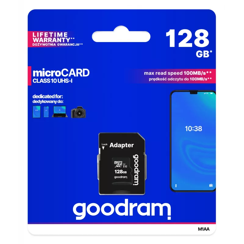 GOODRAM 128GB microSDXC UHS-I Class 10 atminties kortelė su SD adapteriu (skaitymas 100 MB/s, rašymas 10 MB/s)