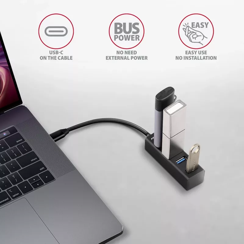 Axagon HUE-M1C 4x USB 3.2 Gen 1 MINI USB centras, metalinis, 20 cm USB-C laidas