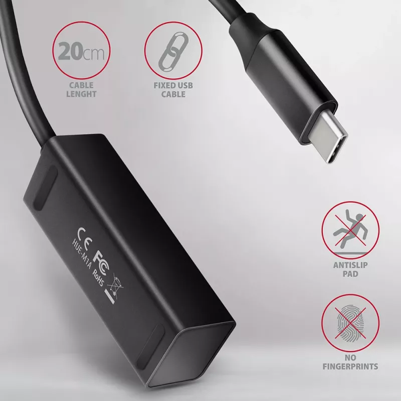 Axagon HUE-M1C 4x USB 3.2 Gen 1 MINI USB centras, metalinis, 20 cm USB-C laidas