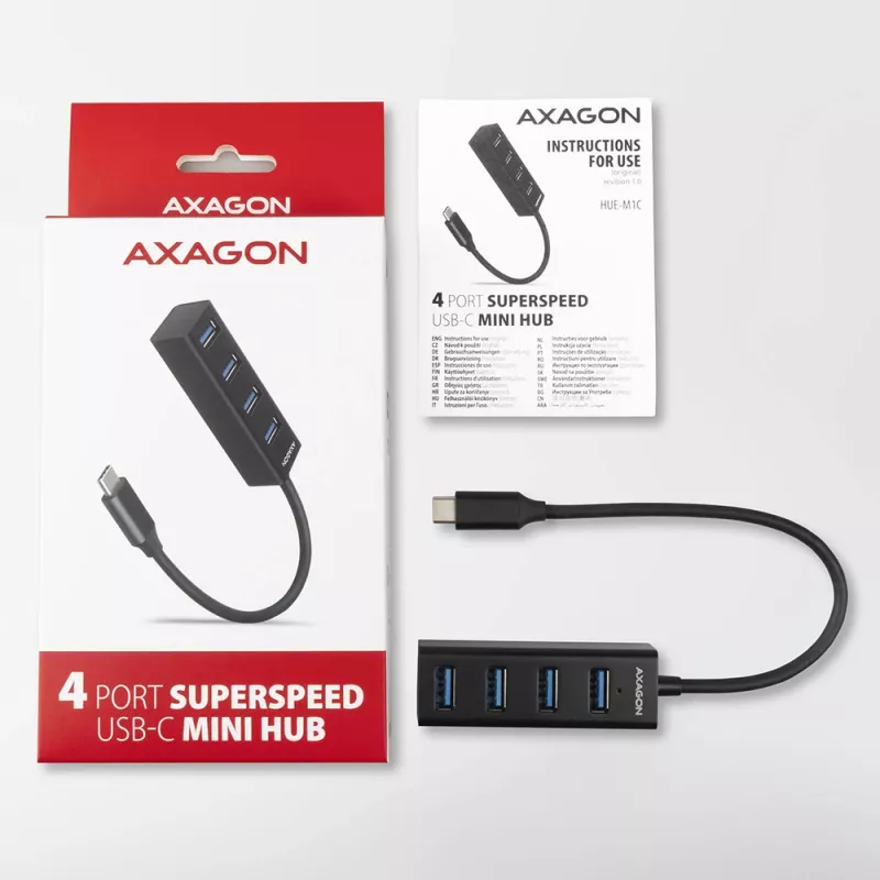 Axagon HUE-M1C 4x USB 3.2 Gen 1 MINI USB centras, metalinis, 20 cm USB-C laidas