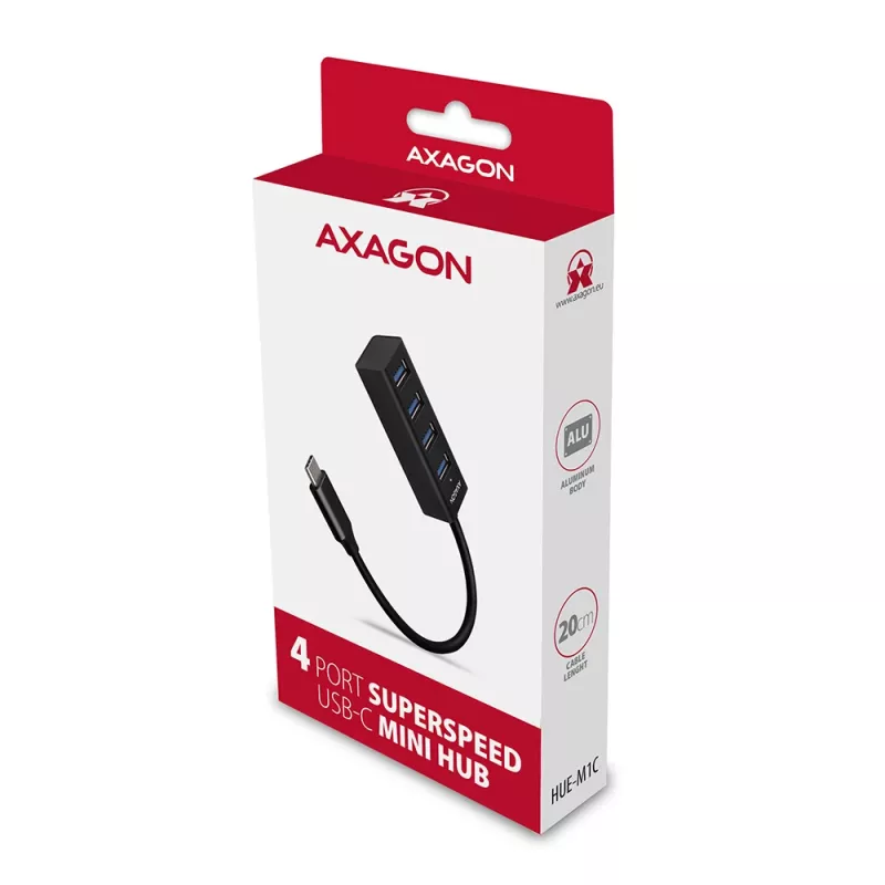 Axagon HUE-M1C 4x USB 3.2 Gen 1 MINI USB centras, metalinis, 20 cm USB-C laidas