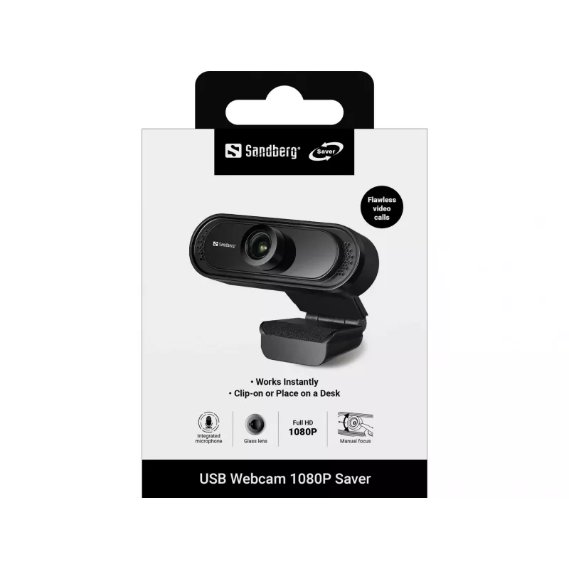 Sandberg USB Webcam 1080P Saver, 2 MP, 1920 x 1080 pikselių, Full HD, 30 kadrų/s